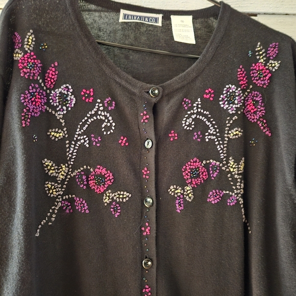 ERIKA II & Co. Black Embroidered  Cardigan. Each button has embedded rhinestone. - Picture 5 of 6